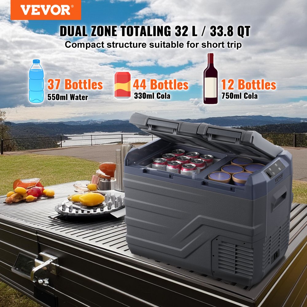 Portable Car Refrigerator Freezer Compressor 32 L Dual Zone for Car Home