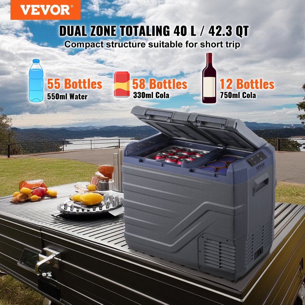 Portable Car Refrigerator Freezer Compressor 40 L Dual Zone for Car Home