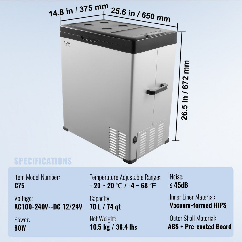 Portable Car Refrigerator Freezer Compressor 70 L Single Zone for Car Home