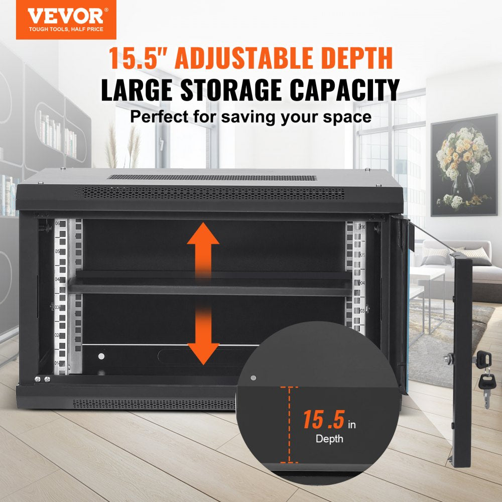 6U Wall Mount Network Server Cabinet, 15.5`` Deep, Server Rack Cabinet Enclosure, 200 lbs Max. Ground-mounted Load Capacity, with Locking Glass Door Side Panels, for IT Equipment, A/V Devices