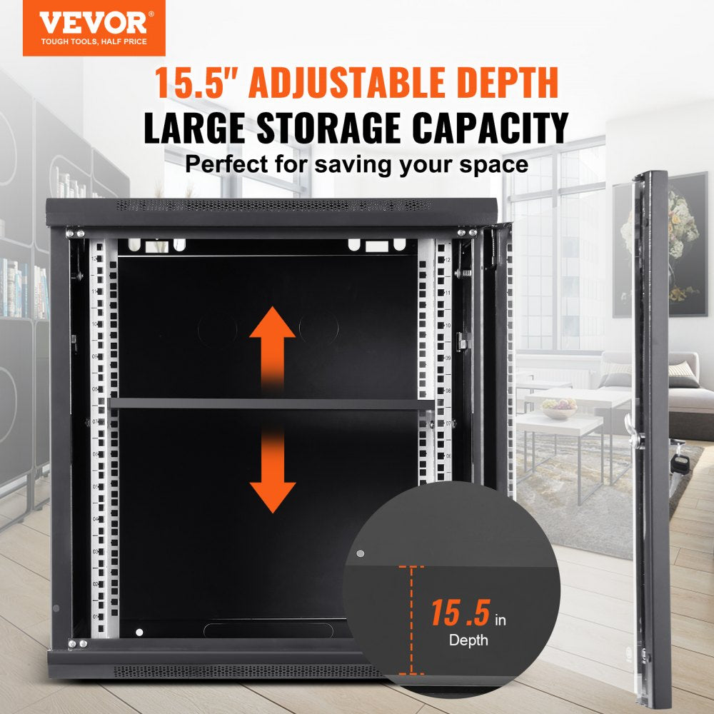 9U Wall Mount Network Server Cabinet, 15.5`` Deep, Server Rack Cabinet Enclosure, 200 lbs Max. Ground-mounted Load Capacity, with Locking Glass Door Side Panels, for IT Equipment, A/V Devices