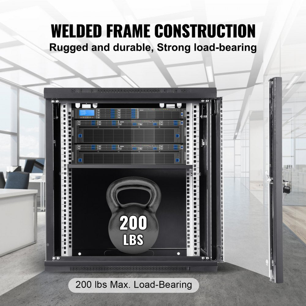 9U Wall Mount Network Server Cabinet, 15.5`` Deep, Server Rack Cabinet Enclosure, 200 lbs Max. Ground-mounted Load Capacity, with Locking Glass Door Side Panels, for IT Equipment, A/V Devices