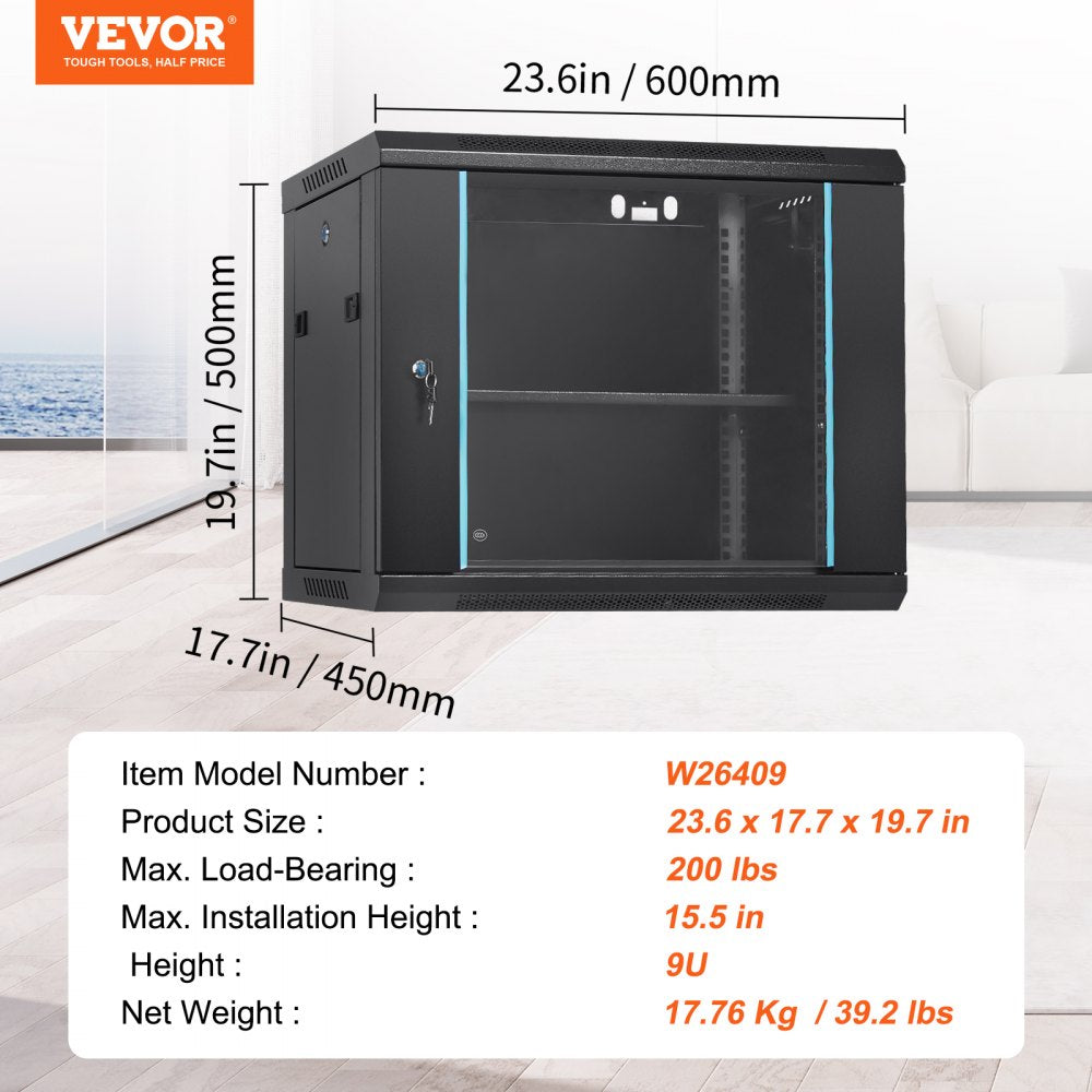 9U Wall Mount Network Server Cabinet, 15.5`` Deep, Server Rack Cabinet Enclosure, 200 lbs Max. Ground-mounted Load Capacity, with Locking Glass Door Side Panels, for IT Equipment, A/V Devices