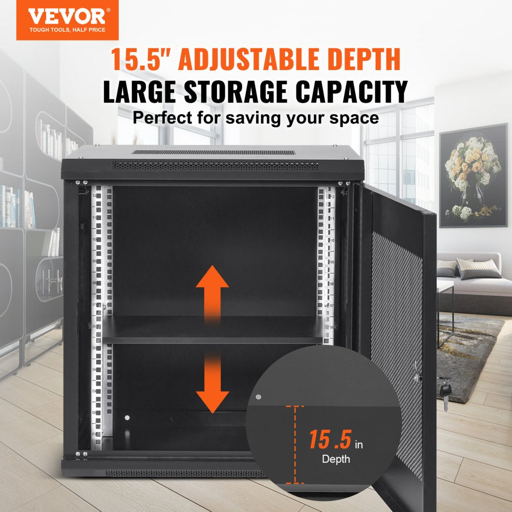 12U Wall Mount Network Server Cabinet, 15.5`` Deep, Server Rack Cabinet Enclosure, 200 lbs Max. Ground-mounted Load Capacity, with Locking Door Side Panels, for IT Equipment, A/V Devices