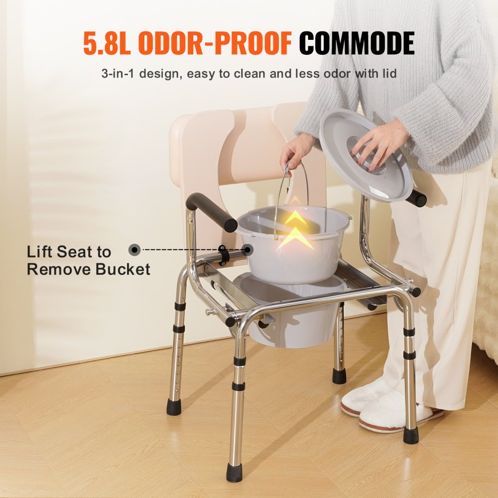 Commode Chair, Bedside Commode with Padded Seat, Drop-Down Arms, 7-Level Adjustable Height, 5.8L Removable Bucket, Easy to Assemble, 350LBS Capacity, Portable Toilet for Adults Seniors