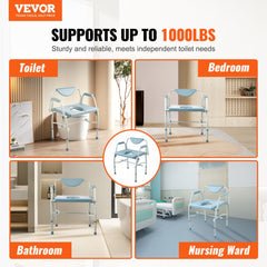 Commode Chair, Bedside Commode with Drop-Down Arms and Detachable Backrest, 5-Level Adjustable Height, 7L Removable Bucket, Easy to Assemble, 1000LBS Capacity, Portable Toilet for Adults Seniors