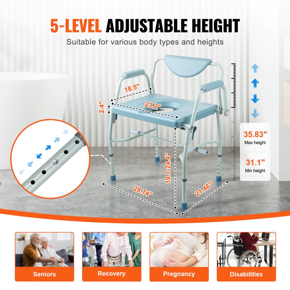 Commode Chair, Bedside Commode with Drop-Down Arms and Detachable Backrest, 5-Level Adjustable Height, 7L Removable Bucket, Easy to Assemble, 1000LBS Capacity, Portable Toilet for Adults Seniors
