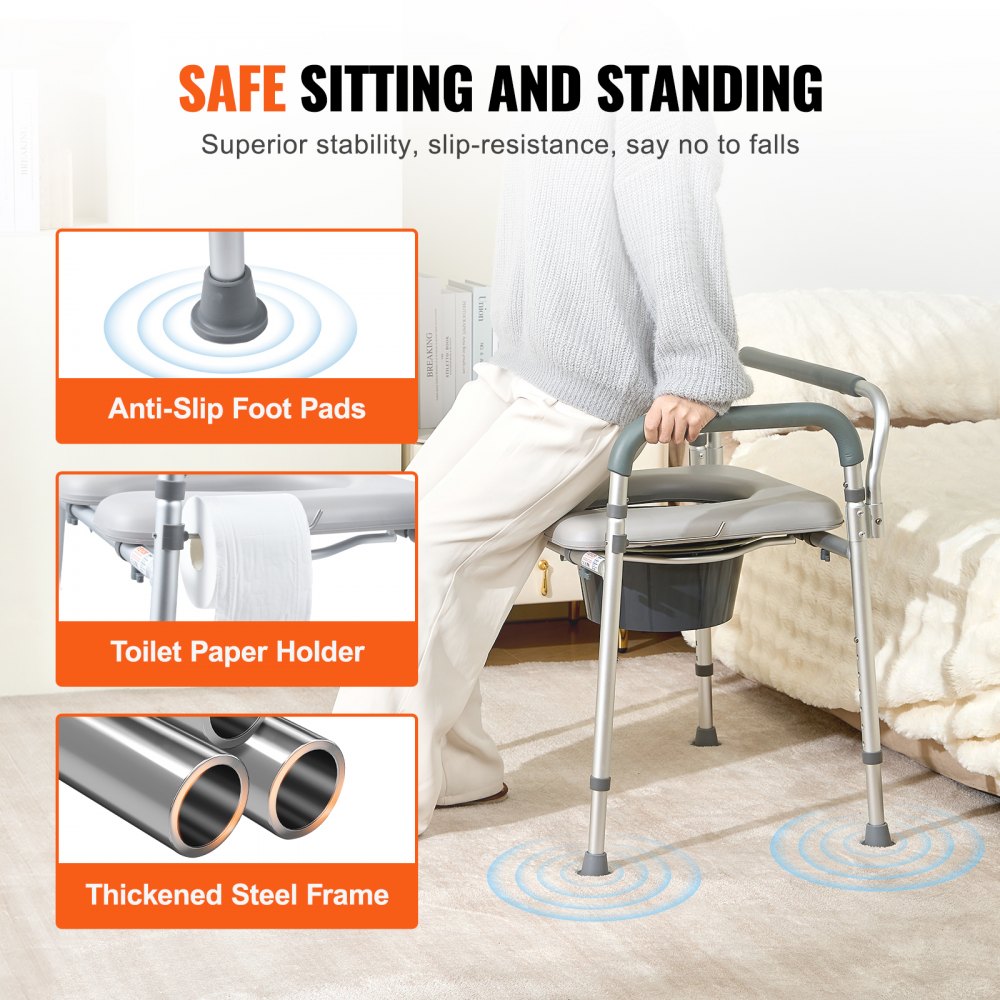 Commode Chair, Bedside Commode with Padded Seat and Arms, 7-Level Adjustable Height, 5.8L Removable Bucket, Easy to Assemble, 350 LBS Capacity, Raised Toilet Seat for Adults Seniors