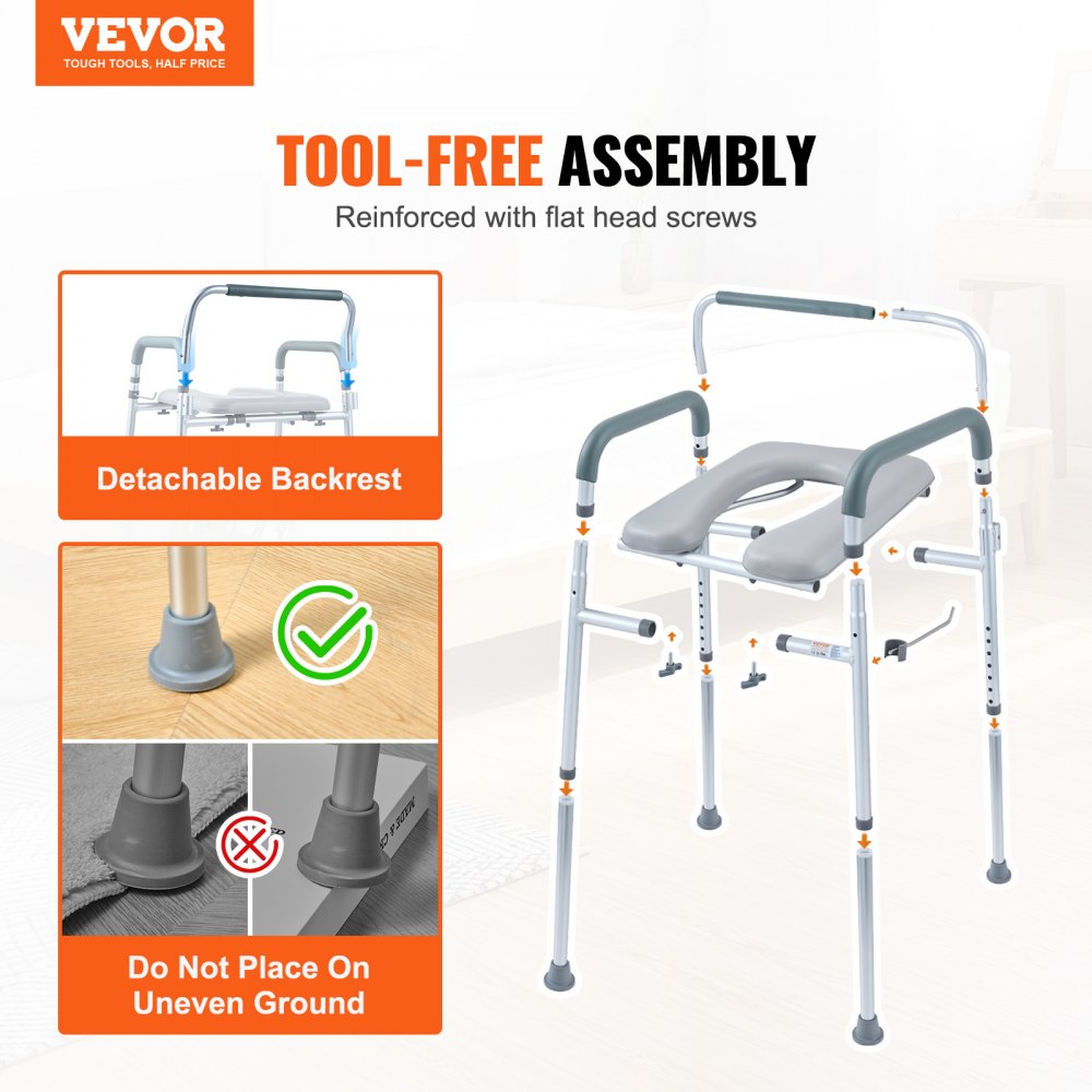 Commode Chair, Bedside Commode with Padded Seat and Arms, 7-Level Adjustable Height, 5.8L Removable Bucket, Easy to Assemble, 350 LBS Capacity, Raised Toilet Seat for Adults Seniors