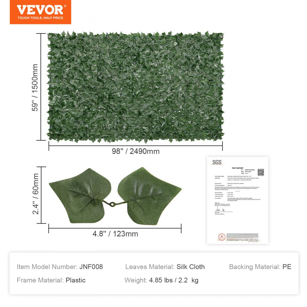 Ivy Privacy Fence, 59 x 98 in Artificial Green Wall Screen, Greenery Ivy Fence with Mesh Cloth Backing and Strengthened Joint, Faux Hedges Vine Leaf Decoration for Outdoor Garden, Yard, Balcony