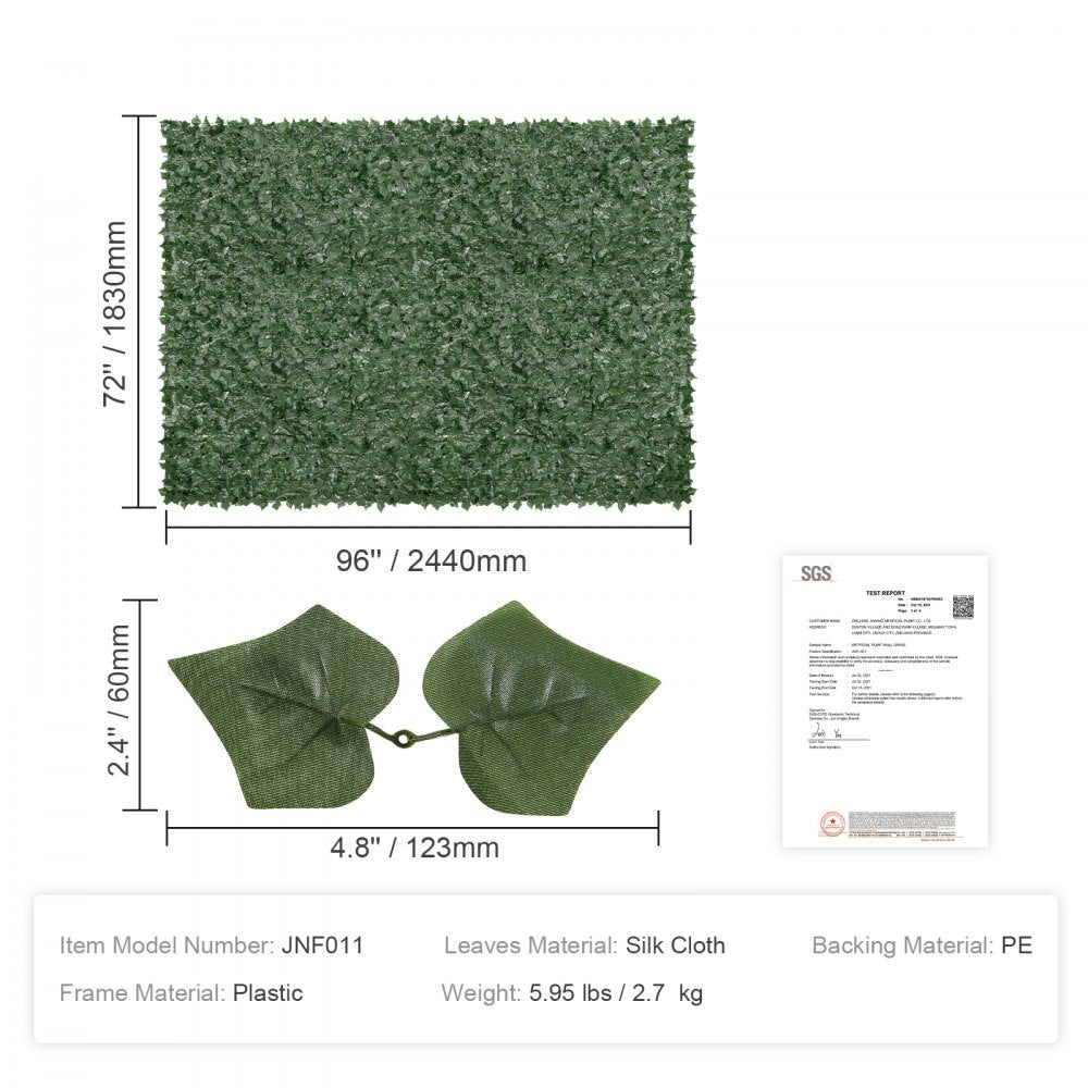 Ivy Privacy Fence, 96 x 72 in Artificial Green Wall Screen, Greenery Ivy Fence with Mesh Cloth Backing and Strengthened Joint, Faux Hedges Vine Leaf Decoration for Outdoor Garden, Yard, Balcony
