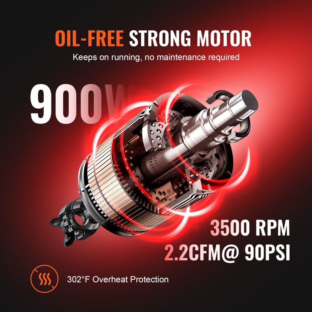 Bostome 4.8 gallon air compressor with a 900W motor and ultra quiet 70 dB operation.