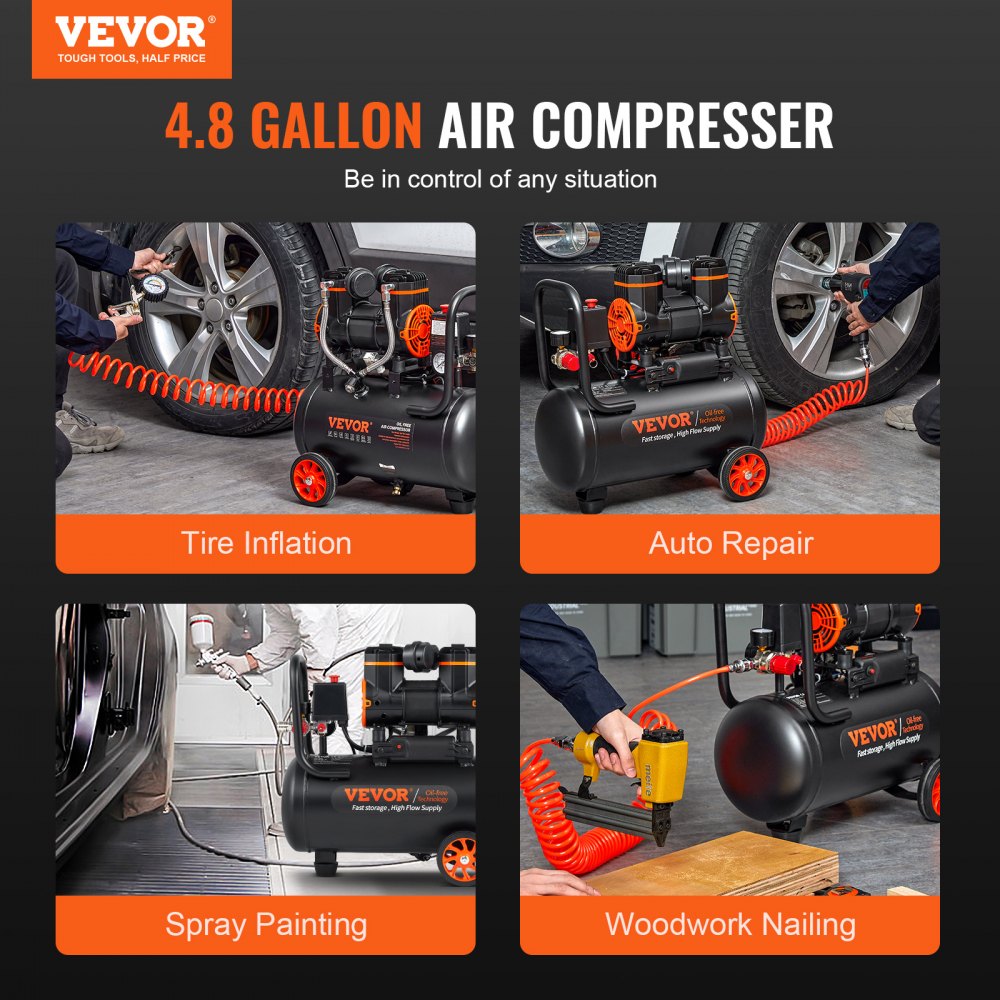 Bostome 4.8 gallon air compressor with a 900W motor and ultra-quiet 70 dB operation.