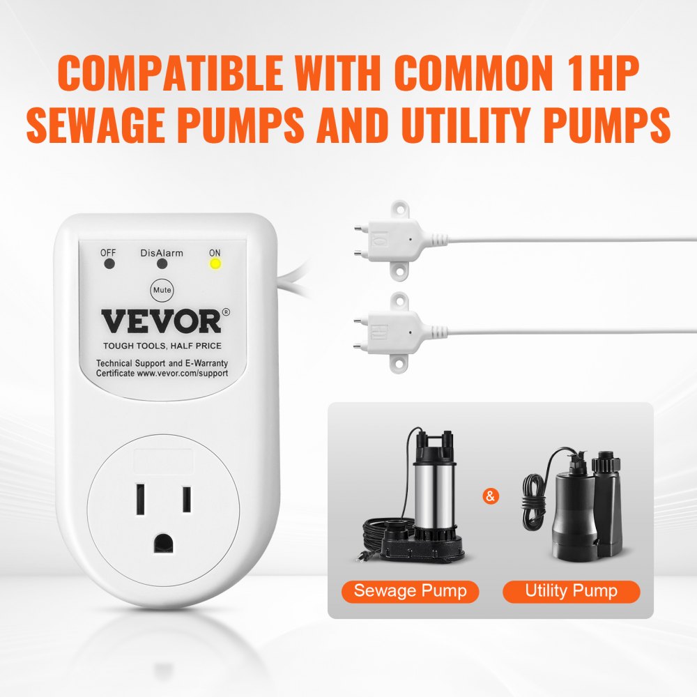 Sump Pump Alarm With Dual Sensors Loud Alarm Long Cable for Sewage Pits