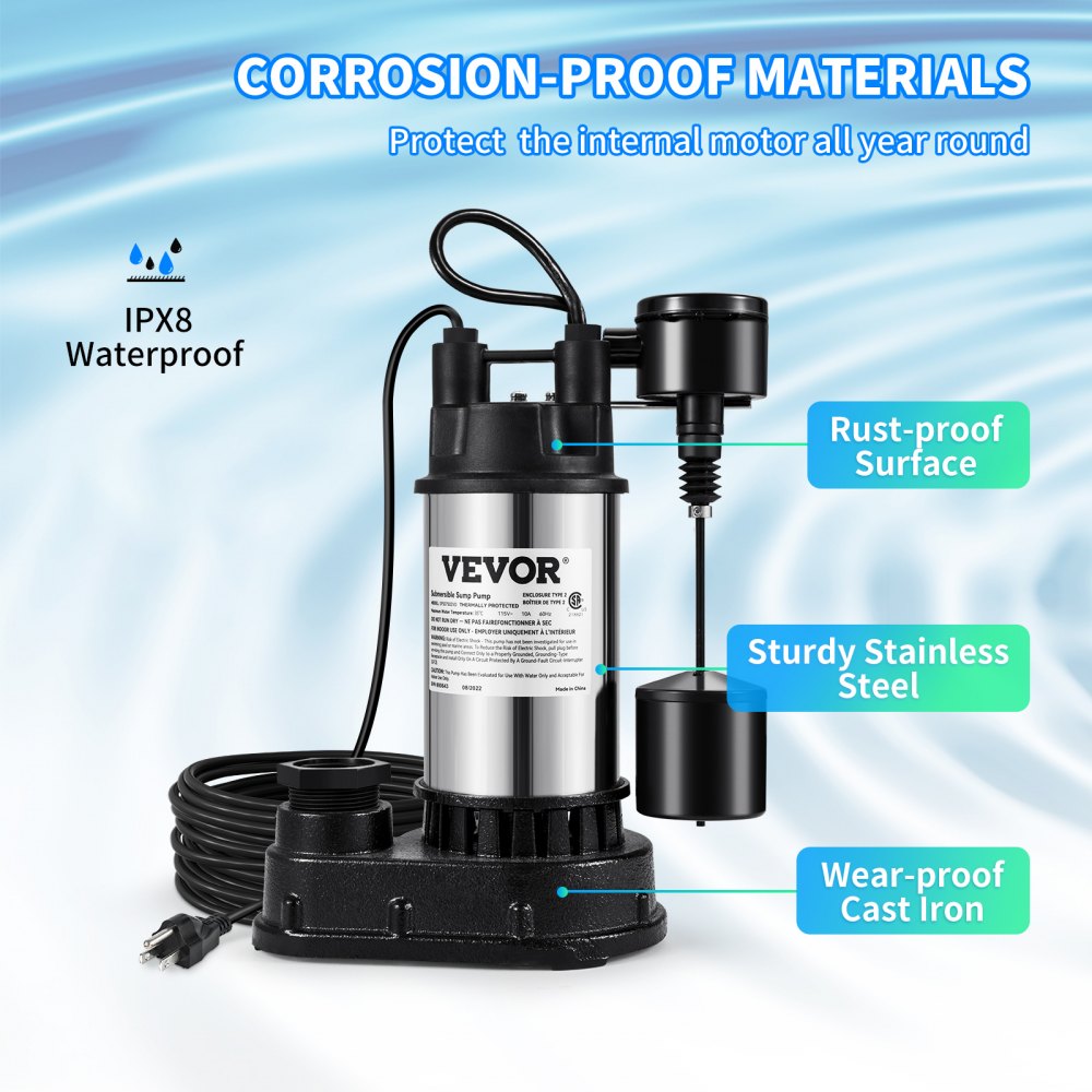 1.5 HP Submersible Cast Iron and Steel Sump Pump, 6000 GPH Submersible Water Pump with Integrated Vertical Float Switch, for Basement Water Basin and Flooding Area