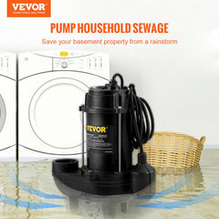 Submersible Sewage Pump Water Pump 3/4 HP 5880GPH Cast Iron with Float