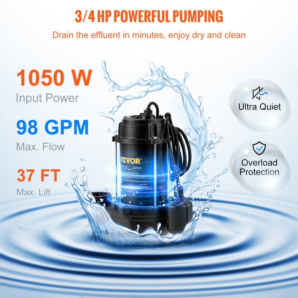 Submersible Sewage Pump Water Pump 3/4 HP 5880GPH Cast Iron with Float