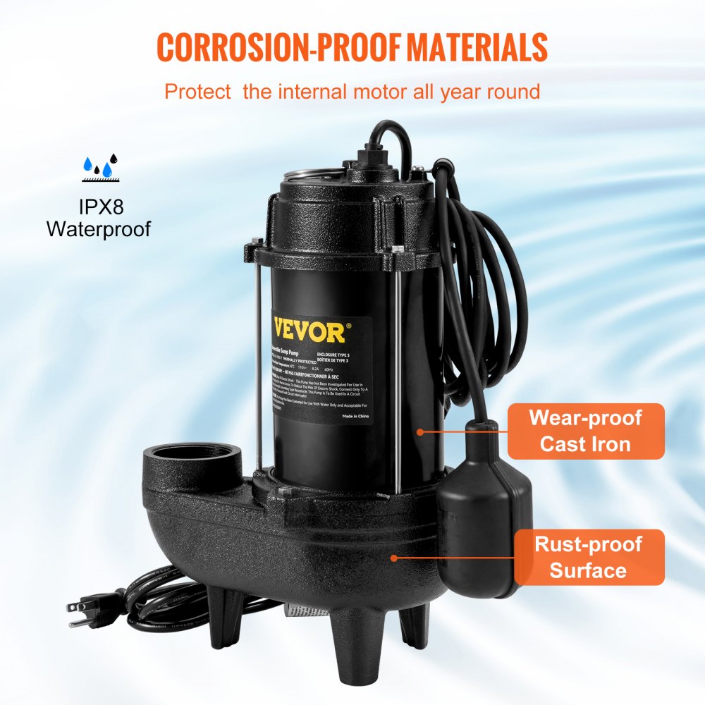Submersible Sewage Pump Water Pump 3/4 HP 5880GPH Cast Iron with Float