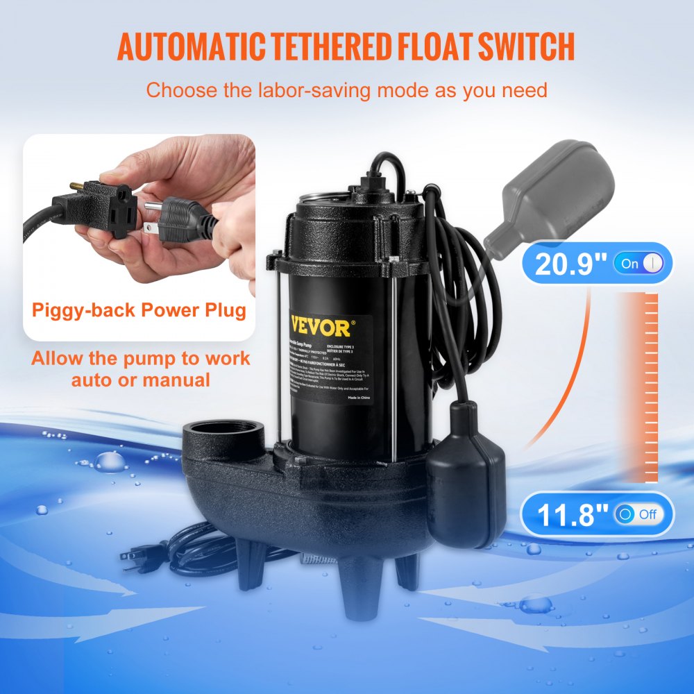Submersible Sewage Pump Water Pump 3/4 HP 5880GPH Cast Iron with Float