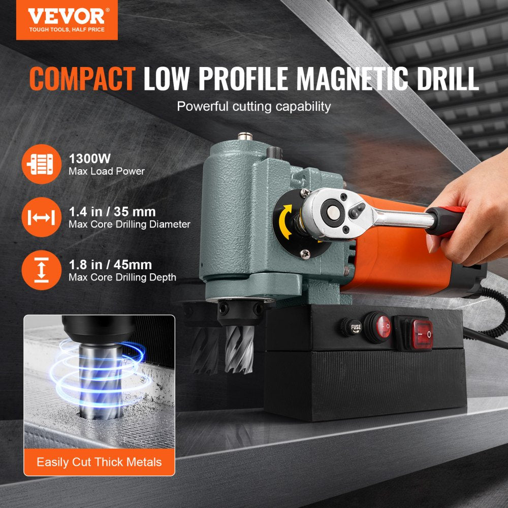 Compact low-profile magnetic drill press with 1300W power and portable design.