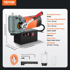 Lightweight 1300W low-profile magnetic drill press with 1.4-inch capacity and portable design.