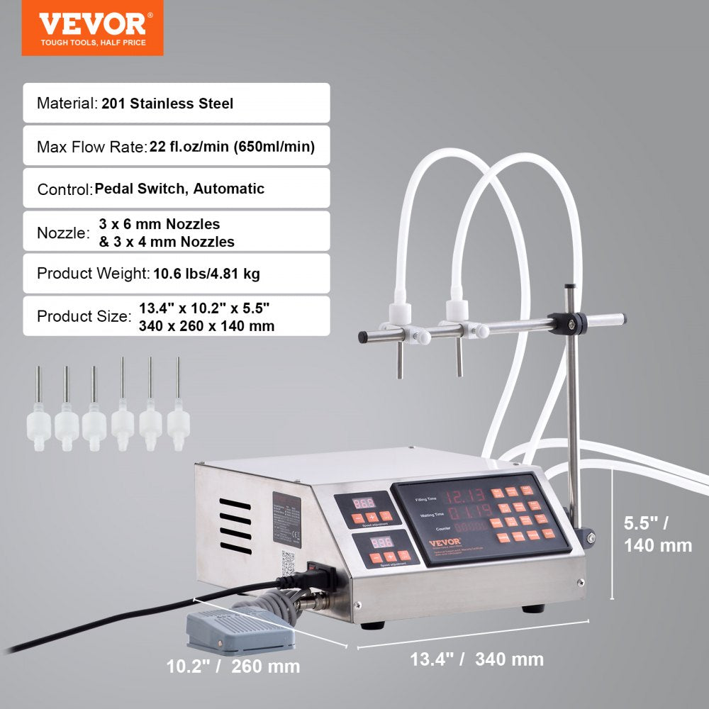Liquid Filling Machine, 5-650ml Filling Capacity, Automatic Bottle Filler Machine, Bottling Machine Peristaltic Pump Digital Control for Milk, Water, Wine, Beverage, Soy Sauce (Double Nozzle)