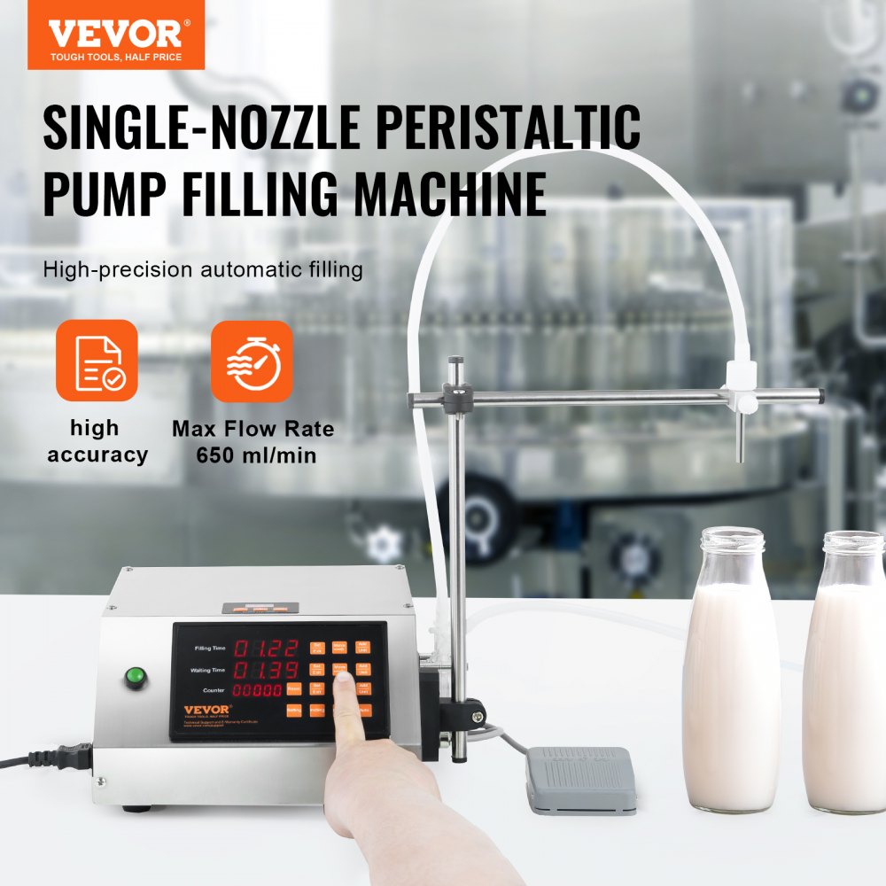 Liquid Filling Machine, 5-650ml Filling Capacity, Automatic Bottle Filler Machine, Bottling Machine Peristaltic Pump Digital Control for Milk, Water, Wine, Beverage, Soy Sauce (Single Nozzle)