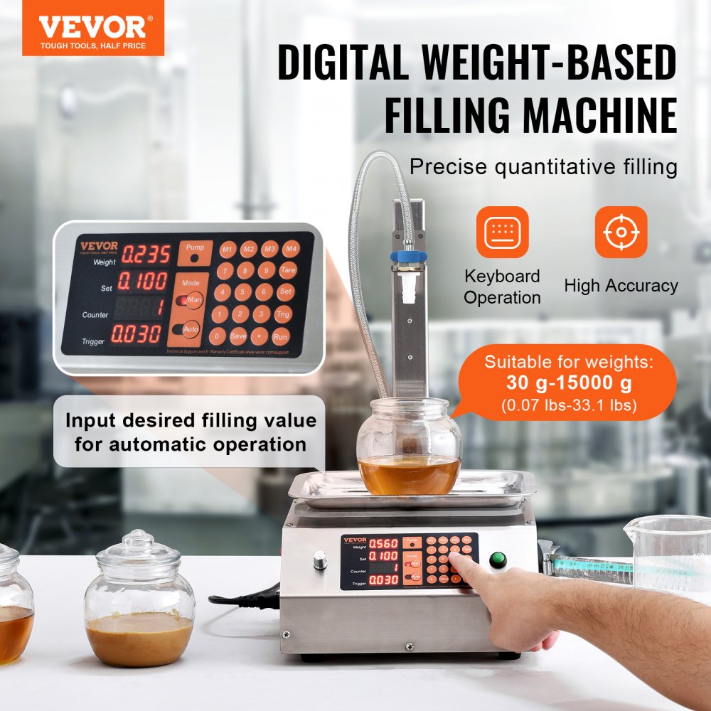 Liquid Filling Machine, 30-15000 g Weighing Capacity, Automatic Bottle Filler Machine Bottling Machine Digital Control for Milk, Water, Oil, Wine, Beverage, Detergent, Shampoo (Single Nozzle)
