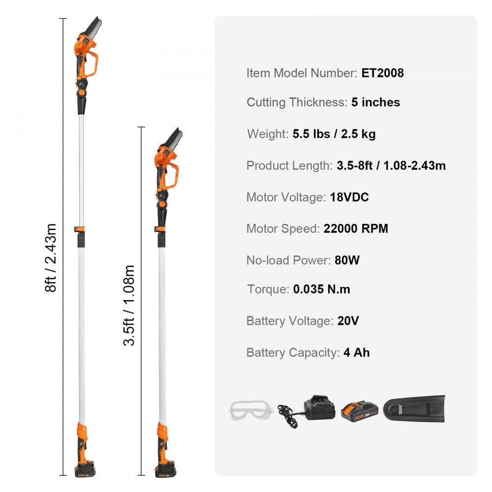 2-in-1 Cordless Pole Saw & Mini Chainsaw, 20V 4Ah Battery Pole Chainsaw, 5" Cutting Capacity 8 ft Reach Pole Saw for Branch Cutting & Tree Trimming (Battery and Blade Cover Included)