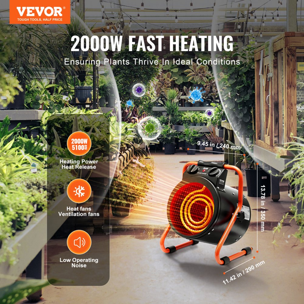 Bostome 1500W greenhouse heater with waterproof design and adjustable dual modes for climate control.