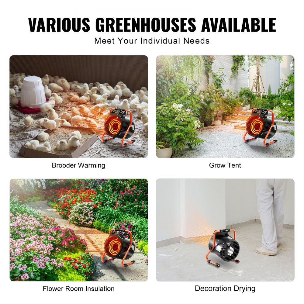 Bostome 1500W greenhouse heater with waterproof design and dual hot/cold modes for climate control.