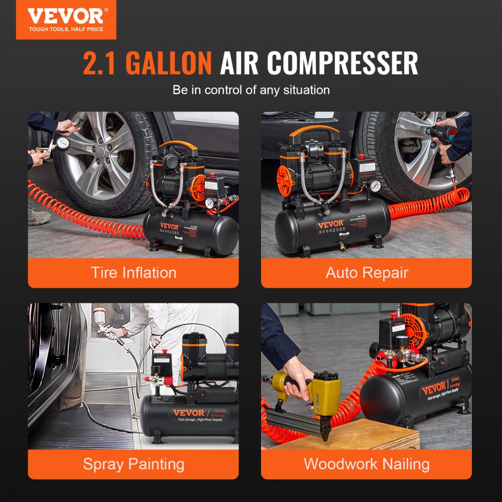 Bostome 2.1 gallon oil-free air compressor with 900W motor, shown inflating tires, auto repair, spray painting, and woodworking nailing.