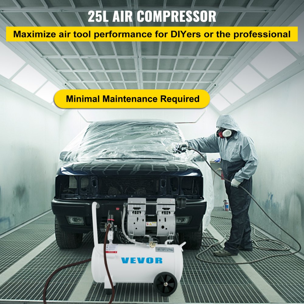 A portable 6.6-gallon oil-free air compressor with 1 HP motor and 115 PSI, shown in a garage setting.