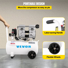 White 6.6-gallon portable air compressor with handle and wheels for easy mobility.