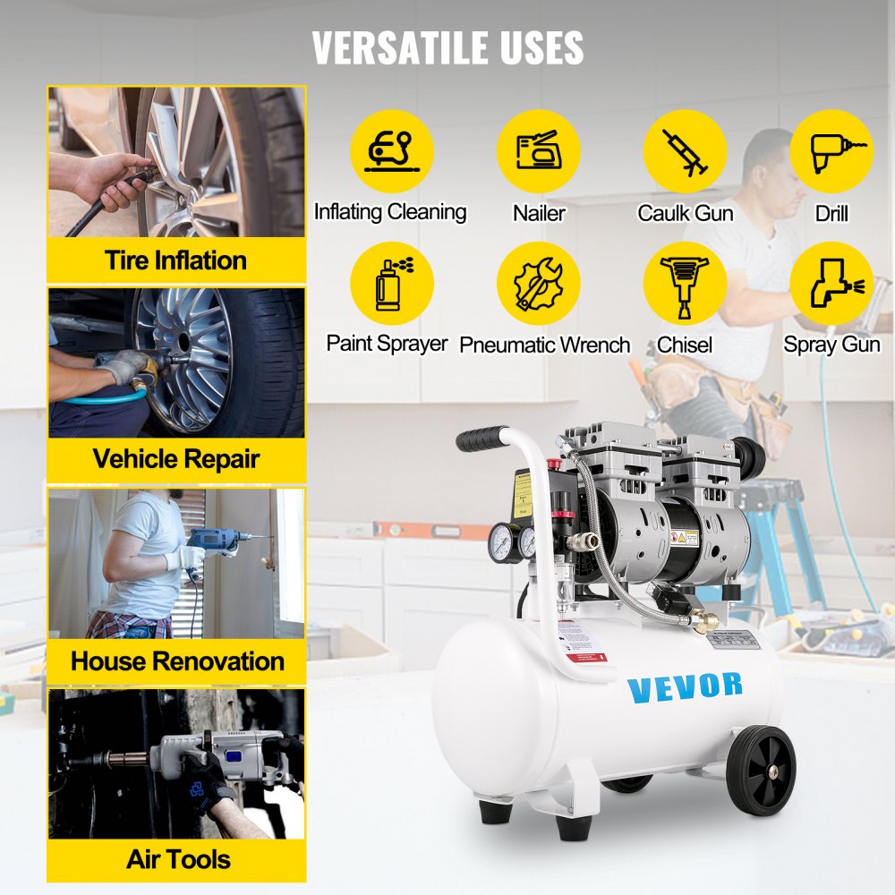 Infographic showing versatile uses of Bostome portable air compressor for tire inflation, vehicle repair, house renovation, and air tools.