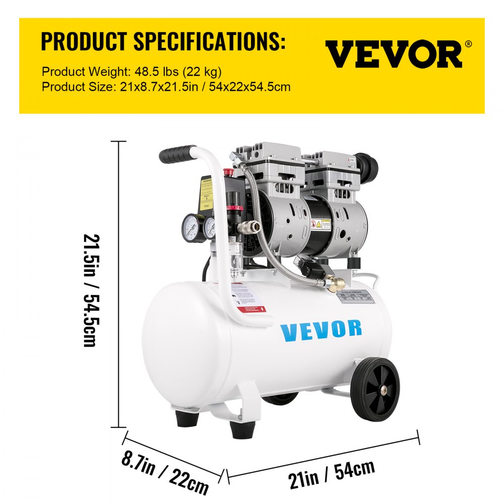 White VEVOR 6.6-gallon portable oil-free air compressor with wheels and handle, dimensions 21x21x48 inches.
