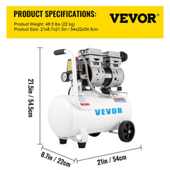 White VEVOR 6.6-gallon portable oil-free air compressor with wheels and handle, dimensions 21x21x48 inches.