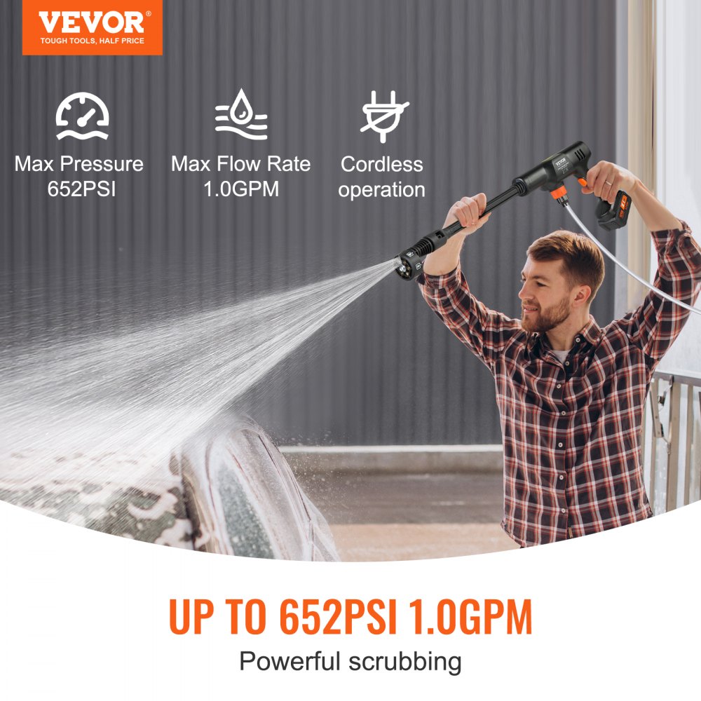 Cordless Pressure Washer, 652-PSI 1.0 GPM Portable Power Cleaner, Handheld High-Pressure Car Washer Gun with 4.0Ah Battery, Charger, 6-in-1 Nozzle, for Home/Floor Cleaning & Watering