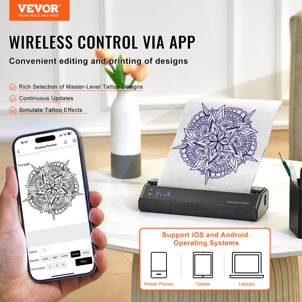 Portable wireless Bluetooth tattoo stencil printer with app control, shown printing a mandala design on transfer paper next to a smartphone.