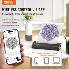 Portable wireless Bluetooth tattoo stencil printer with app control, shown printing a mandala design on transfer paper next to a smartphone.