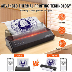 Portable black wireless Bluetooth tattoo stencil printer with skull design sample and 10 transfer papers.
