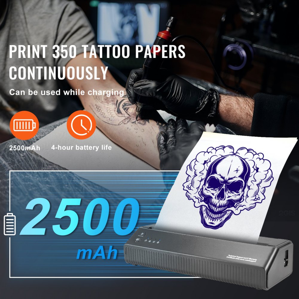 Portable wireless Bluetooth tattoo stencil printer with 2500 mAh battery and 10 transfer papers.