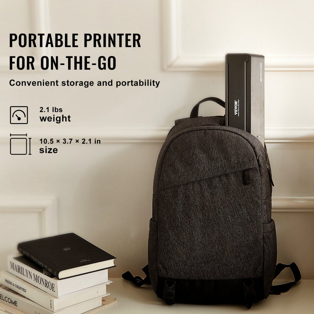 Portable gray backpack containing a compact 2.1 lb wireless tattoo stencil printer, 10.5x3.7x2.1 inches, with books nearby.