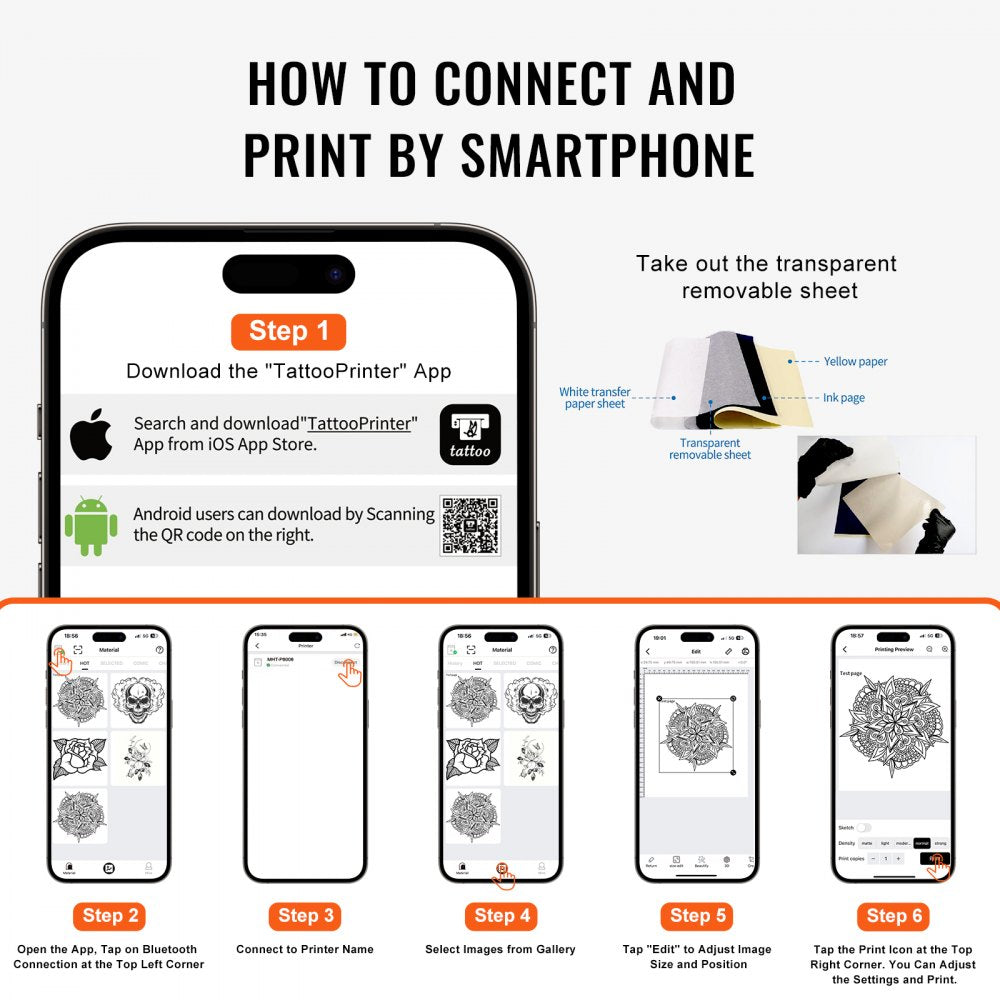 Infographic showing steps to connect and print with Bostome tattoo stencil printer app on smartphone.
