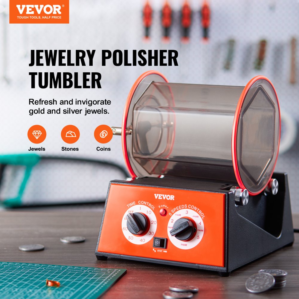 Bostome 5kg jewelry polisher tumbler with 5 speeds, 0-60 min timer, and orange base.
