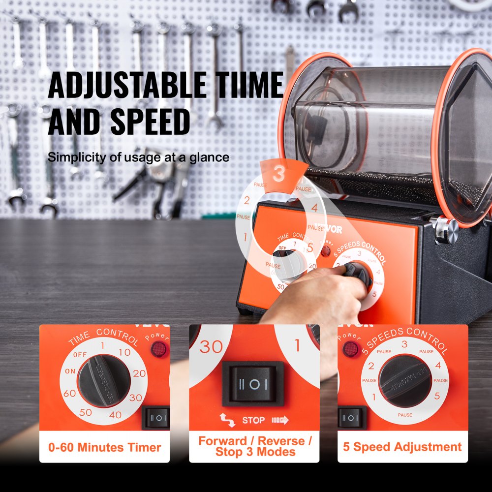 Orange 5kg jewelry polisher tumbler with 5-speed dial, 0-60 minute timer, and forward/reverse modes.