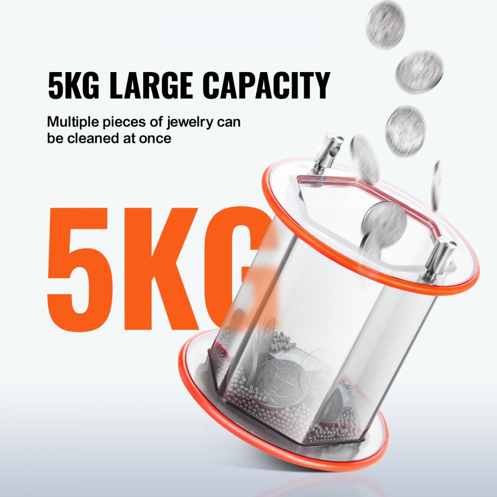 5kg jewelry polisher tumbler with transparent barrel, orange accents, and jewelry inside.