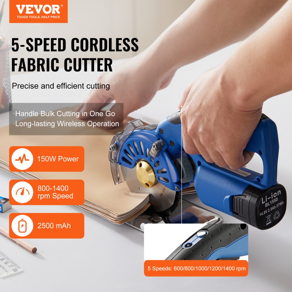 Cordless electric rotary fabric cutter with adjustable speeds and a safety guard.