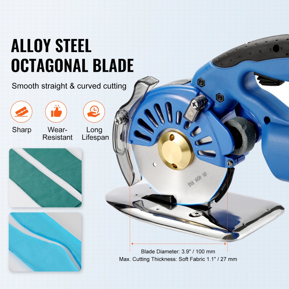 Cordless electric rotary fabric cutter with adjustable speeds and safety guard for precise cutting.