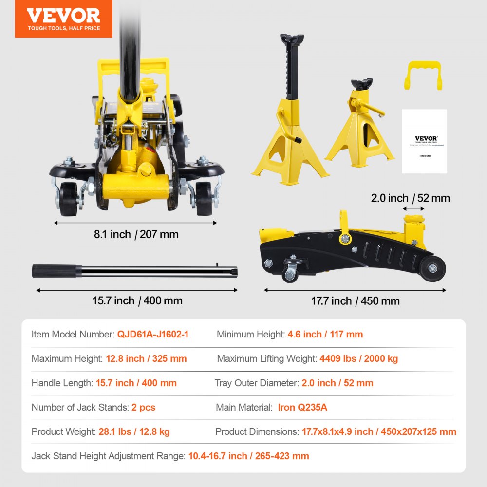 Low Profile Floor Jack 2 Ton Heavy Duty Single Piston Hydraulic Pump